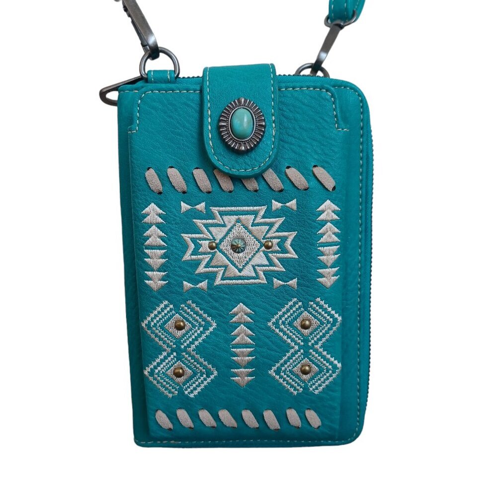 American Bling Crossbody Wallet Bag Embroidered Faux‎ Leather Western Turquoise